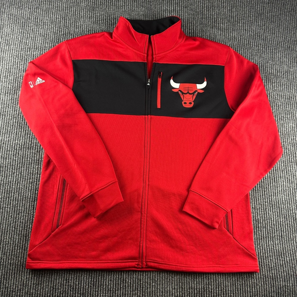 Adidas NBA Chicago Bulls Mens XL Red Black Warm up Full Zip Fleece Jacket Logo